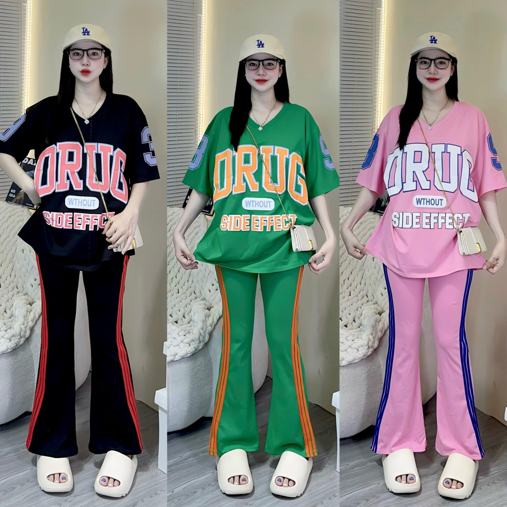 Đồ bộ nữ, set đồ bộ quần ống loe đai cao có túi và áo thun cotton ngắn tay form rộng in chữ, bộ đồ mặc ở nhà nữ