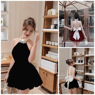 Đầm nữ nhung cứng có mút cổ yếm hở lưng có thắt nơ dáng xòe cực xinh
