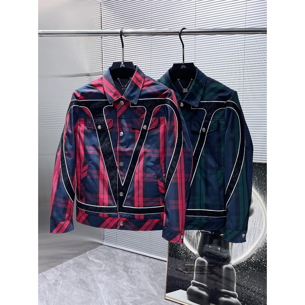 Áo khoác kiểu sơ mi nam dài tay kẻ sọc trang trí logo Valentino