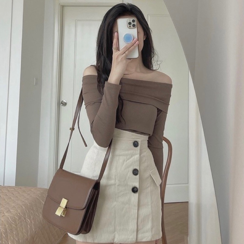 Áo trễ vai lệch tà, áo trễ vai tay dài,Áo thun nữ len tăm tay dài BỆT VAI dáng tiểu thư xinh xắn