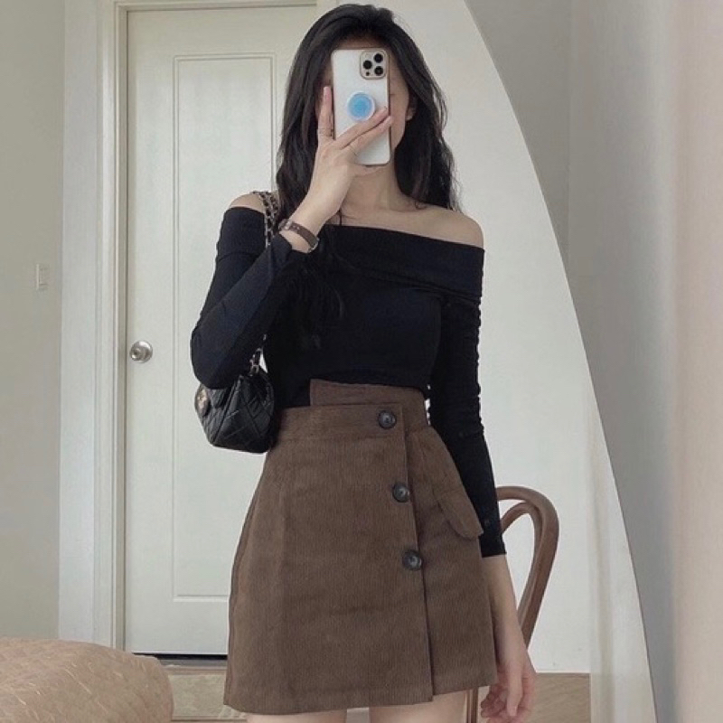 Áo trễ vai lệch tà, áo trễ vai tay dài,Áo thun nữ len tăm tay dài BỆT VAI dáng tiểu thư xinh xắn