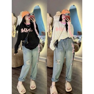 Sét Bộ Áo Thun Tay Dài In Chữ Viền Sọc Hồng Kèm Quần Jeans Baggy Rách Gối Bigsize Quỳnh Anh Từ 50kg đến 100kg M/L/XL/XXL