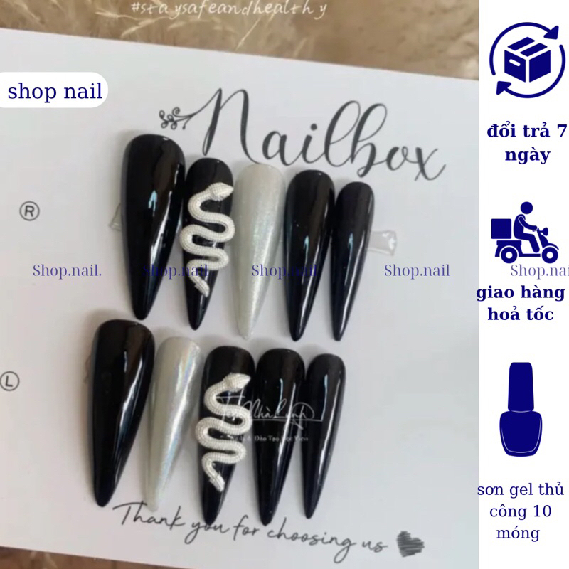 Nail box móng úp thiết kế màu đen tặng phụ kiện , móng tay giả đính chamr rắn