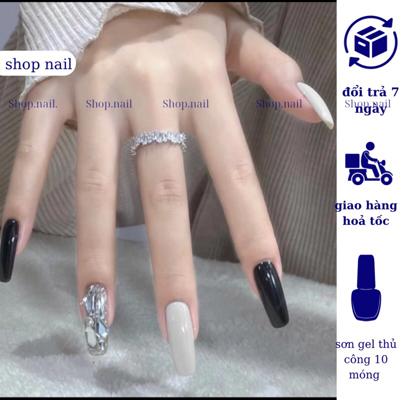 Nailbox thiết kế màu đen đính đá tặng kèm phụ kiện , móng tay giả đính đá