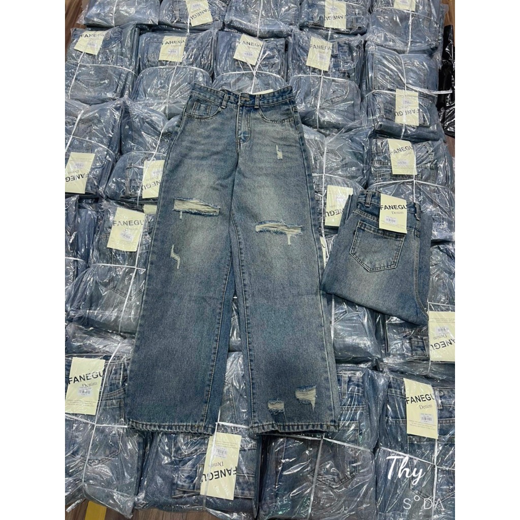 Quần bò xuông hach chân, quần jeans rách trẻ trung cạp cao