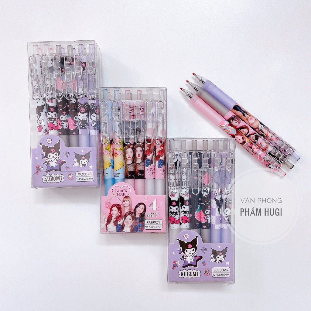 Hộp 12 Cây Bút Bi Bấm Mực Gel họa tiết BlackPink, Kuromi dễ thương  mực đậm và đều