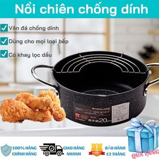 Nồi Chiên Chống Dính Emoojoo Nhật, Nồi Chiên Size 20cm có vỉ gác