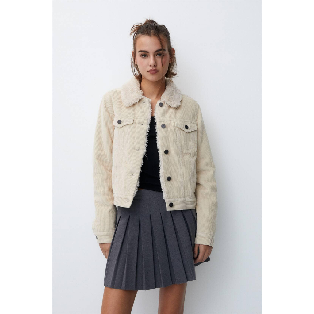 Áo khoác nhung nude lót lông cừu nữ