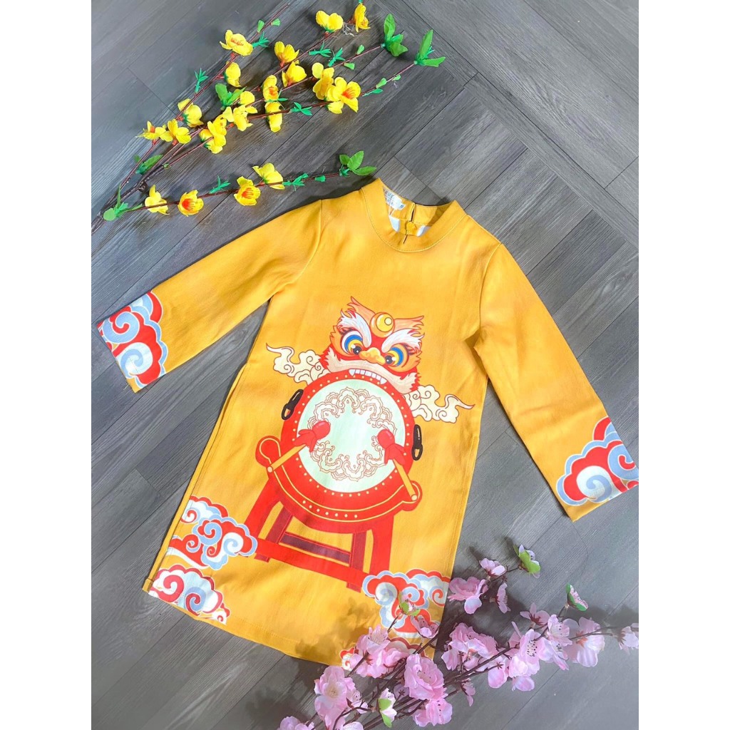 Áo dài Tết cho bé trai Lân trống chất liệu nhung tăm hàn cao cấp từ 9-37 kg, Áo dài cách tân cho bé xẻ tà 2 màu đỏ/vàng