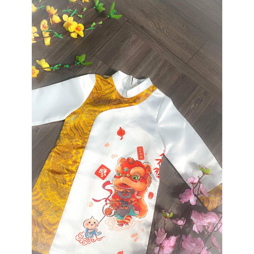 Áo dài cách tân họa tiết Lân cưỡi mây chất nhung tăm hàn cao cấp cho bé trai từ 9-37 kg, áo dài tết xẻ tà cho bé
