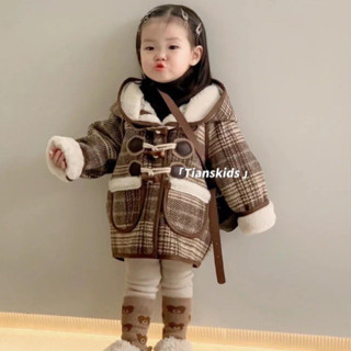 Quần áo trẻ em, Áo khoác bé trai bé gái, áo khoác dạ lót lông có mũ  màu caro kẻ style hàn quốc (12-25kg)