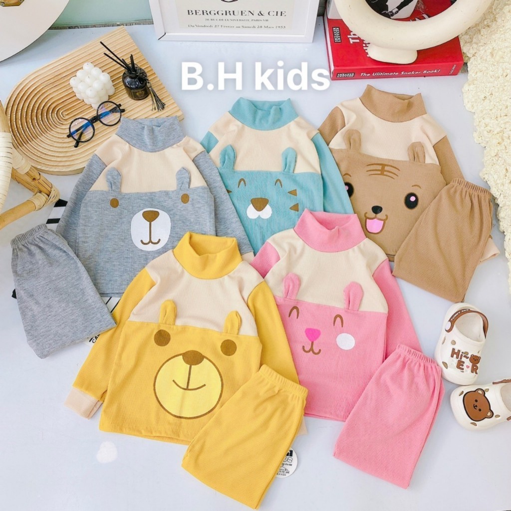 Bộ quần áo thu đông dài tay, chất thun tăm, in hình ngộ nghĩnh có tai, cho bé trai, bé gái – BD04