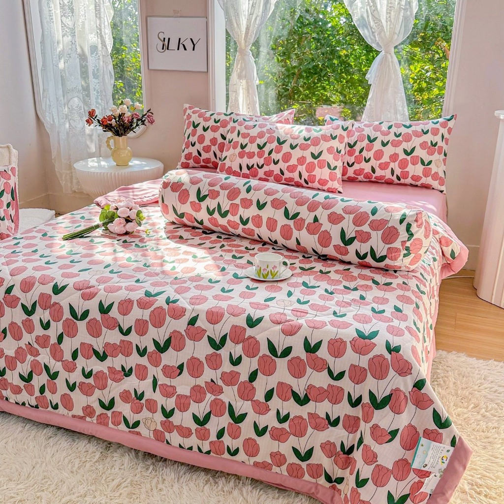 Bộ Chăn Ga Gối Cotton Đũi Kẻ Caro , Chất Vải Mềm Mịn Full Set 4 Món Chăn Chần Bông