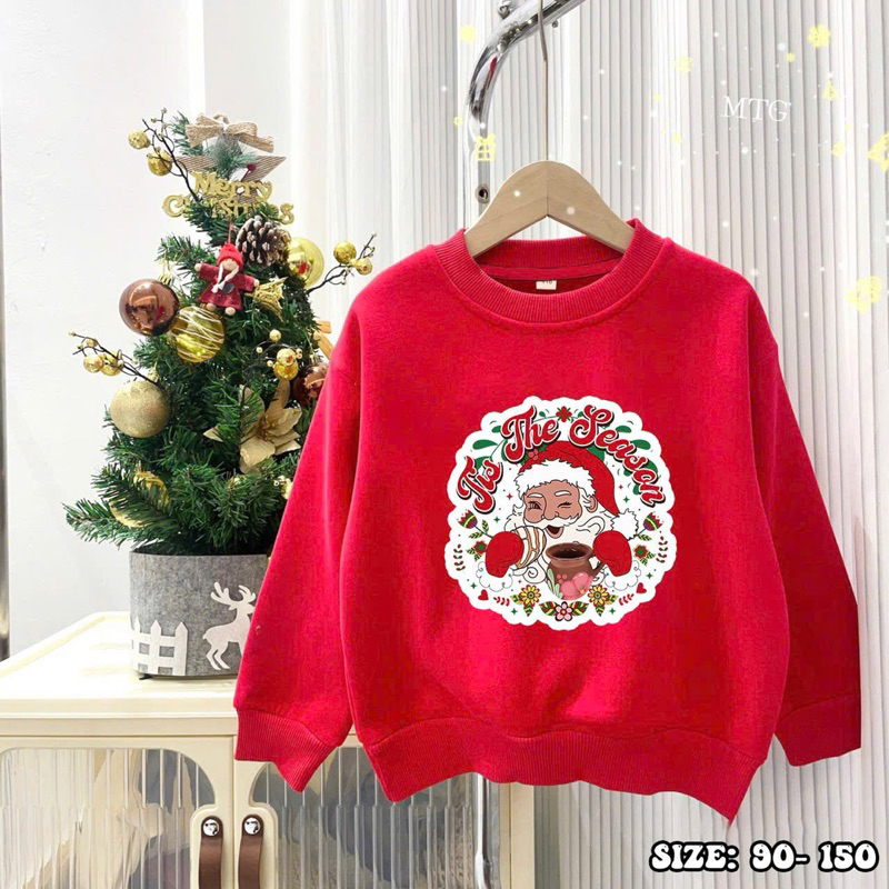 Áo nỉ bông màu đỏ chủ đề Noel cho bé trai bé gái siêu đẹp size từ 12-35 cân