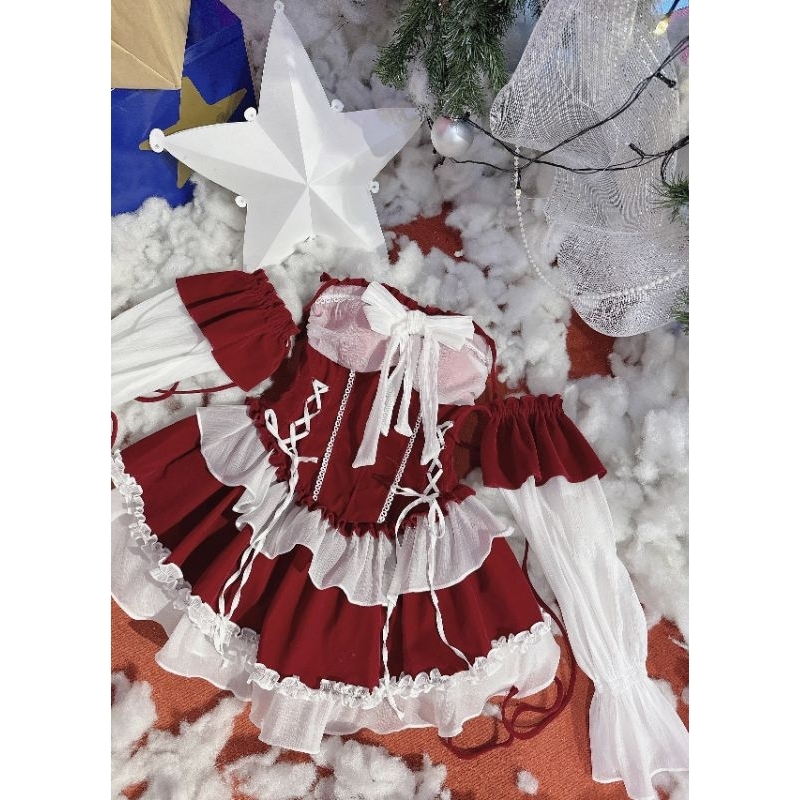 ĐẦM ĐỎ NỮ PHONG CÁCH TIỂU THƯ BÈO PHỐI TRẮNG TAY DÀI