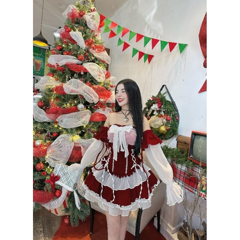 ĐẦM ĐỎ NỮ PHONG CÁCH TIỂU THƯ BÈO PHỐI TRẮNG TAY DÀI