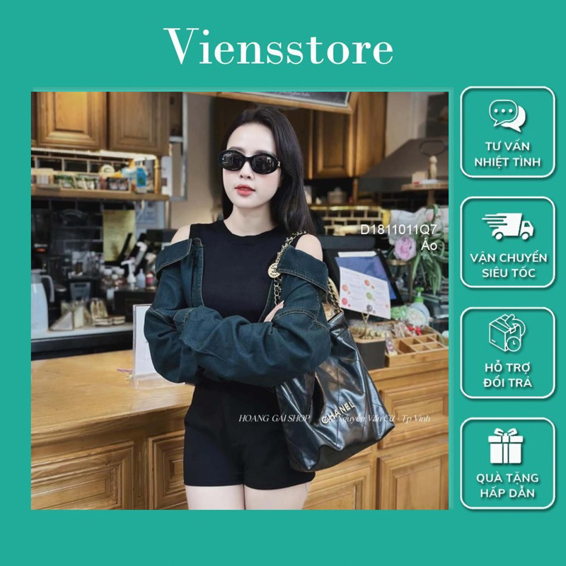 Áo sơ mi jean croptop tay dài trễ vai giả áo thun đen cá tính VIENS STORE