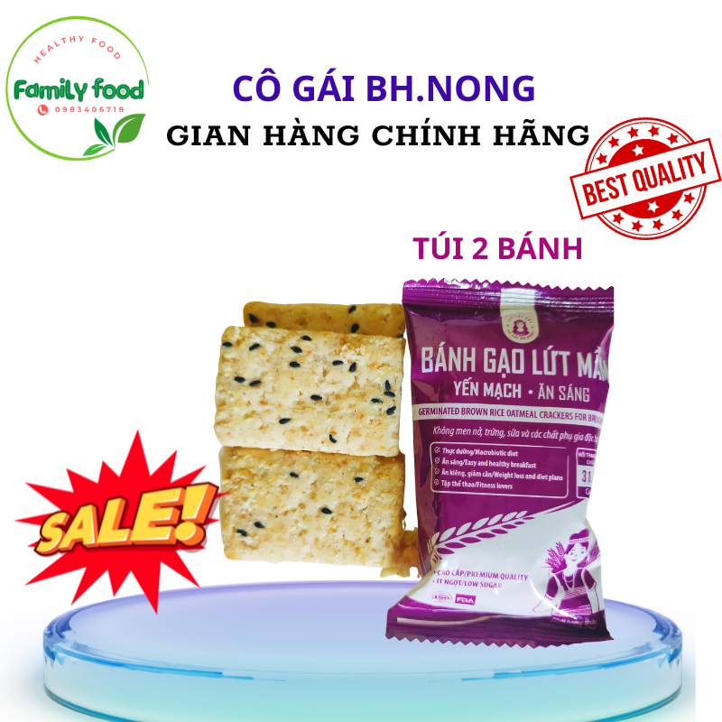 Bánh Gạo Lứt Mầm Yến Mạch Mè Đen Bhnong Thực Dưỡng, Bánh Ăn kiêng Mầm Yến Mạch Gạo Lứt Ít Ngọt (túi 2 thanh bánh)