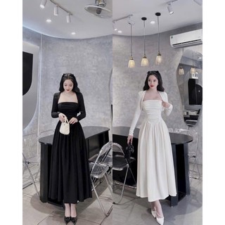 SET váy thời trang nữ mặc đi chơi áo thun gân gài nút tay dài mix chân váy cotton lạnh chữ A xoè maxi 2 màu QC