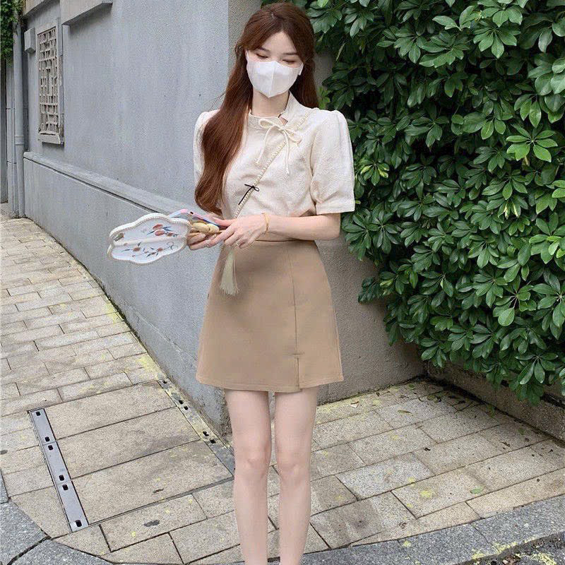 🛍Đầm váy nữ 🛍Set váy ngắn áo cổ tàu thêu hoa nổi kèm phụ kiện,Set váy tay ngắn kèm phụ kiện,Set xinh màu vintage dễ thưn