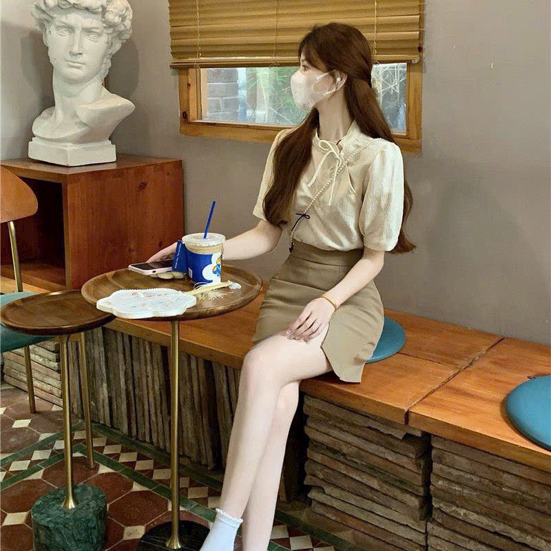 🛍Đầm váy nữ 🛍Set váy ngắn áo cổ tàu thêu hoa nổi kèm phụ kiện,Set váy tay ngắn kèm phụ kiện,Set xinh màu vintage dễ thưn