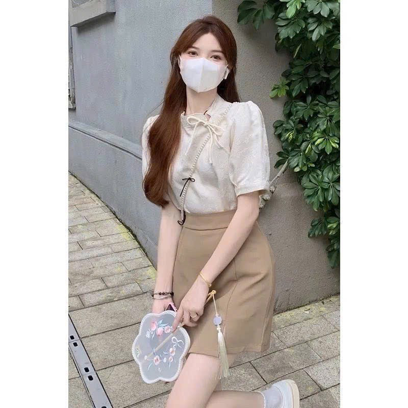 🛍Đầm váy nữ 🛍Set váy ngắn áo cổ tàu thêu hoa nổi kèm phụ kiện,Set váy tay ngắn kèm phụ kiện,Set xinh màu vintage dễ thưn