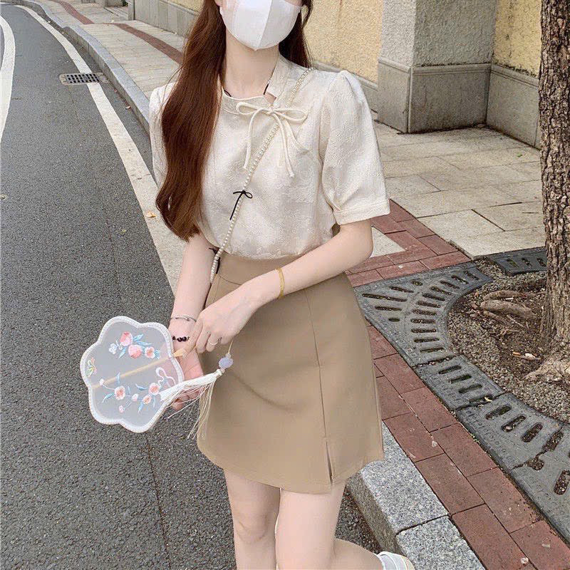 🛍Đầm váy nữ 🛍Set váy ngắn áo cổ tàu thêu hoa nổi kèm phụ kiện,Set váy tay ngắn kèm phụ kiện,Set xinh màu vintage dễ thưn