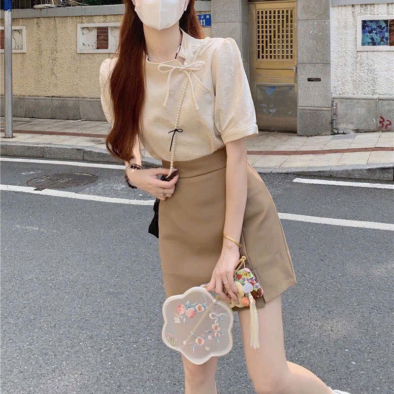 🛍Đầm váy nữ 🛍Set váy ngắn áo cổ tàu thêu hoa nổi kèm phụ kiện,Set váy tay ngắn kèm phụ kiện,Set xinh màu vintage dễ thưn