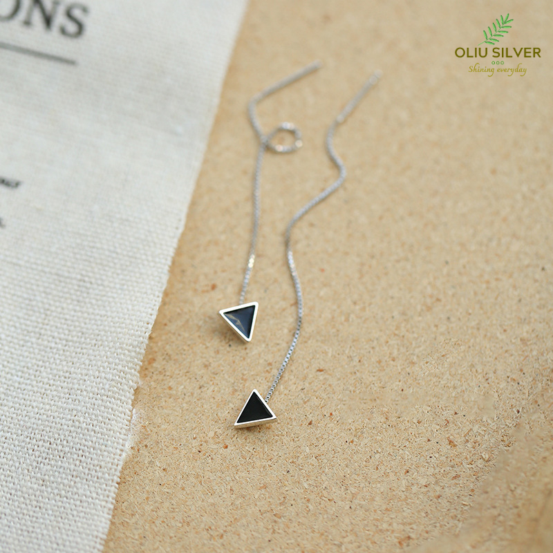 Bông Tai Bạc S925 Tam Giác Đen Sợi Thả Xinh Xắn | Khuyên Tai Nữ Trang Sức Bạc Thời Trang