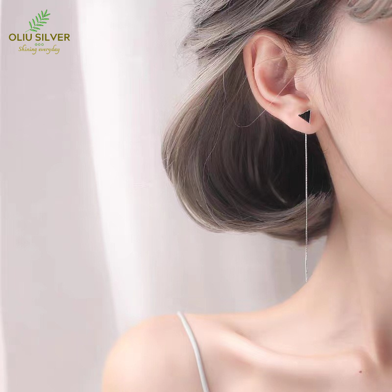 Bông Tai Bạc S925 Tam Giác Đen Sợi Thả Xinh Xắn | Khuyên Tai Nữ Trang Sức Bạc Thời Trang