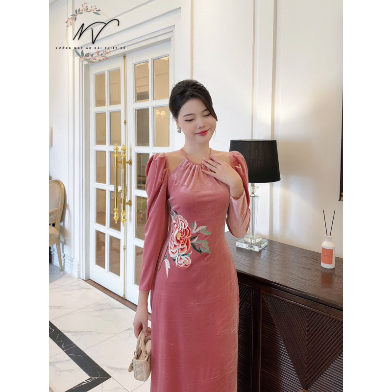 Áo dài nhung cổ yếm tay dài nhún bồng tiểu thư sang choảnh 2 màu đỏ và hồng phù hợp diện nhiều dịp hay đi dạy đều đẹp