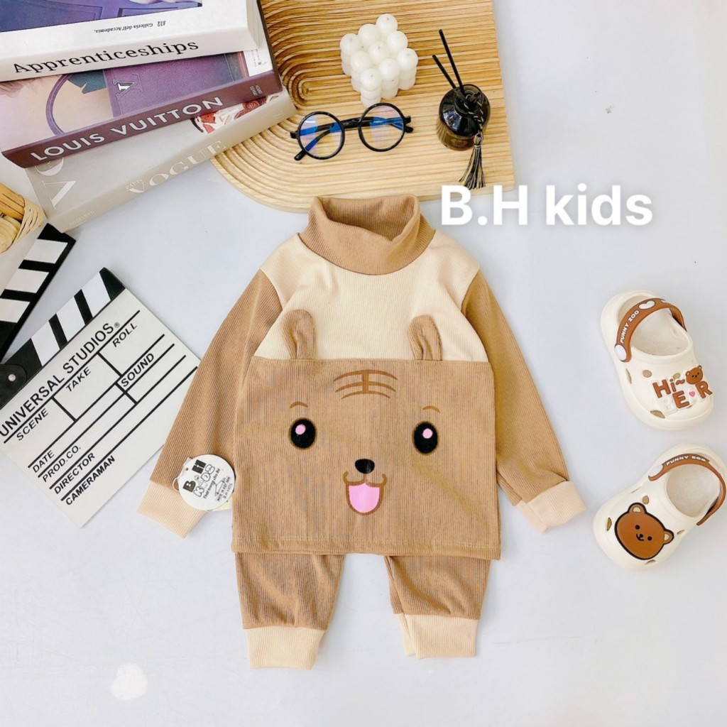 Bộ quần áo thu đông dài tay, chất thun tăm, in hình ngộ nghĩnh có tai, cho bé trai, bé gái – BD04