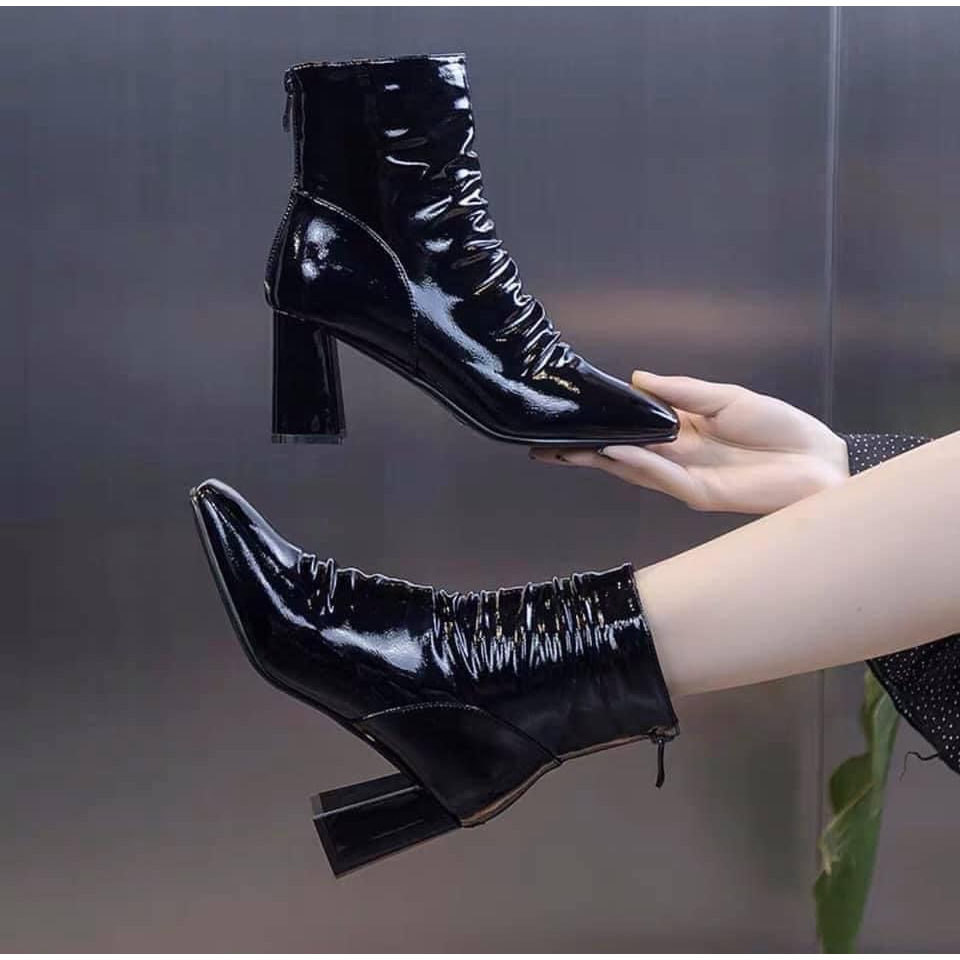 [Sẵn hàng ]Boot nữ cổ cao Bốt cổ nhăn 7 phân da bóng gót vuông sành điệu mẫu mới 2023