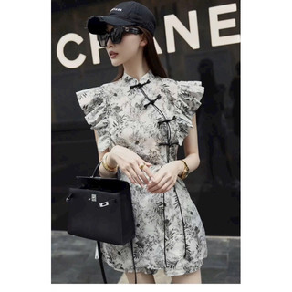 đầm nữ cổ tàu chất voan hoa bèo tay cánh tiên nút giả gài váy có lót HQ