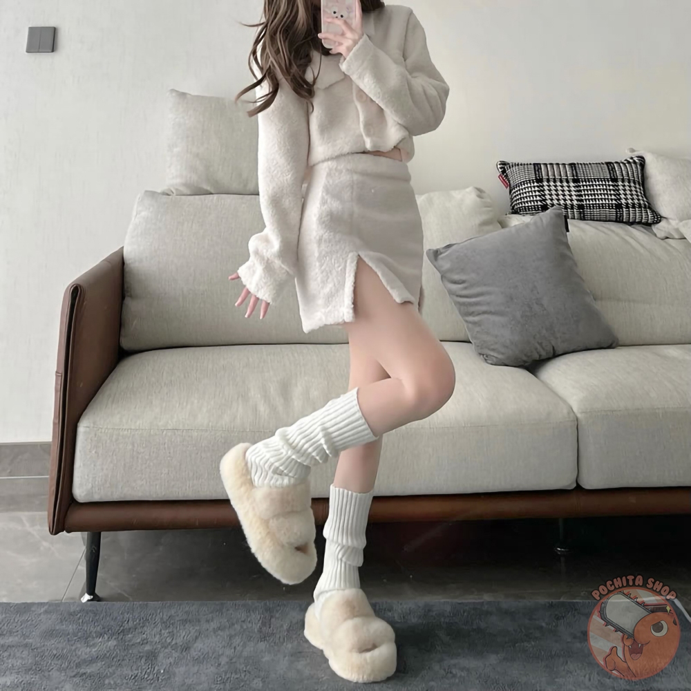 Tất Ống Chân Dệt Kim Giữ Ấm Đen Trắng Phong Cách Lolita Y2K Nhật Bản, Vớ Bắp Chân Len Nữ Mùa Đông 40-70cm Pochita Shop