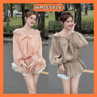 Sét áo babydoll trễ vai, áo tơ nhún eo thắt nơ xinh xắn chất voan tơ + quần tafta trắng HA44 HMStyle