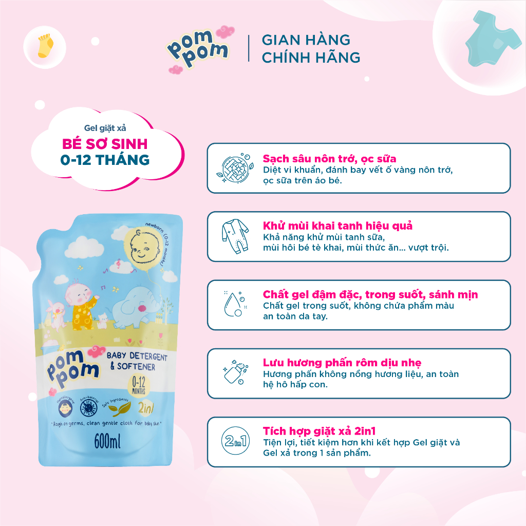 Nước Giặt Xả Cho Bé Sơ Sinh 0-12 Tháng Pom Pom Newborn Sạch Sâu Nôn Trớ cùng Hương Phấn Rôm Dịu Nhẹ