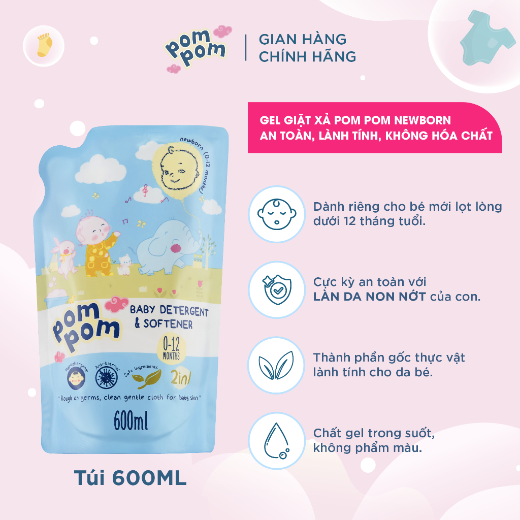 Nước Giặt Xả Cho Bé Sơ Sinh 0-12 Tháng Pom Pom Newborn Sạch Sâu Nôn Trớ cùng Hương Phấn Rôm Dịu Nhẹ