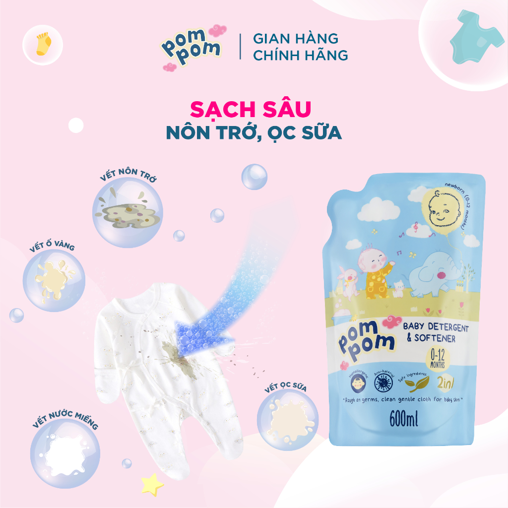 Nước Giặt Xả Cho Bé Sơ Sinh 0-12 Tháng Pom Pom Newborn Sạch Sâu Nôn Trớ cùng Hương Phấn Rôm Dịu Nhẹ