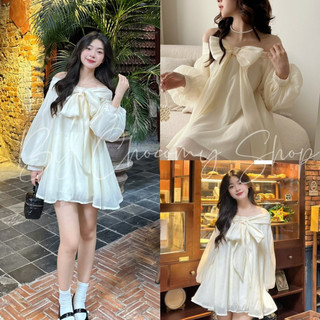 Đầm nữ kiểu babydoll trễ vai tay bồng xòe thắt nơ 2 lớp chất voan tơ- Chocomyshop