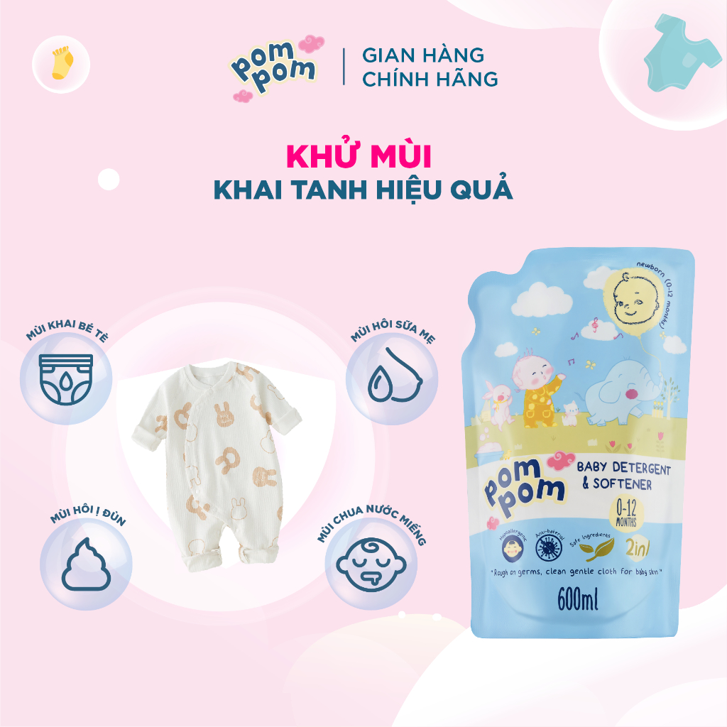 Nước Giặt Xả Cho Bé Sơ Sinh 0-12 Tháng Pom Pom Newborn Sạch Sâu Nôn Trớ cùng Hương Phấn Rôm Dịu Nhẹ