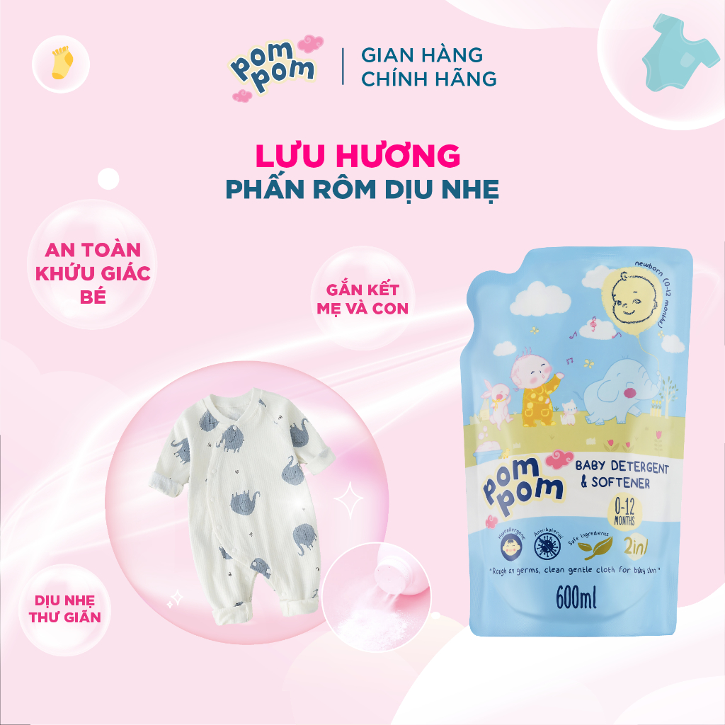 Nước Giặt Xả Cho Bé Sơ Sinh 0-12 Tháng Pom Pom Newborn Sạch Sâu Nôn Trớ cùng Hương Phấn Rôm Dịu Nhẹ