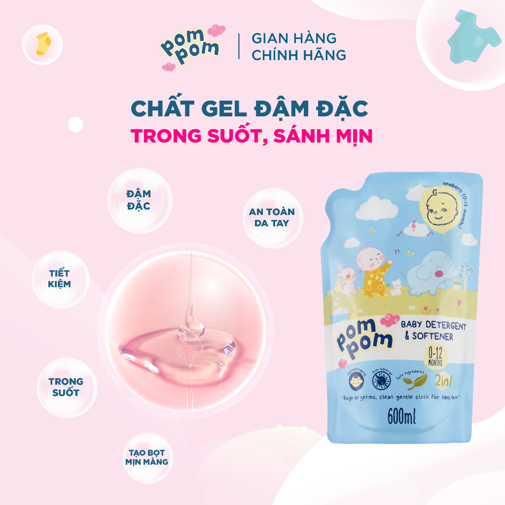 Nước Giặt Xả Cho Bé Sơ Sinh 0-12 Tháng Pom Pom Newborn Sạch Sâu Nôn Trớ cùng Hương Phấn Rôm Dịu Nhẹ