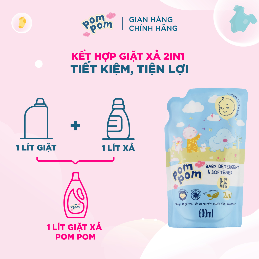 Nước Giặt Xả Cho Bé Sơ Sinh 0-12 Tháng Pom Pom Newborn Sạch Sâu Nôn Trớ cùng Hương Phấn Rôm Dịu Nhẹ