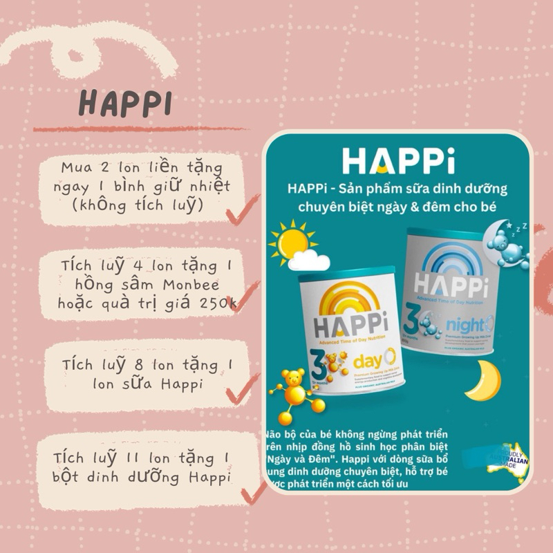 (Tích lũy đổi quà lớn) Sữa Happi ngày và đêm đủ số 600gr Úc