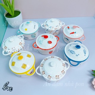 Bát ăn dặm gốm sứ có nắp_Bát sứ 2 quai hình nồi hoạ tiết 250ml_ Bát chưng yến có nắp