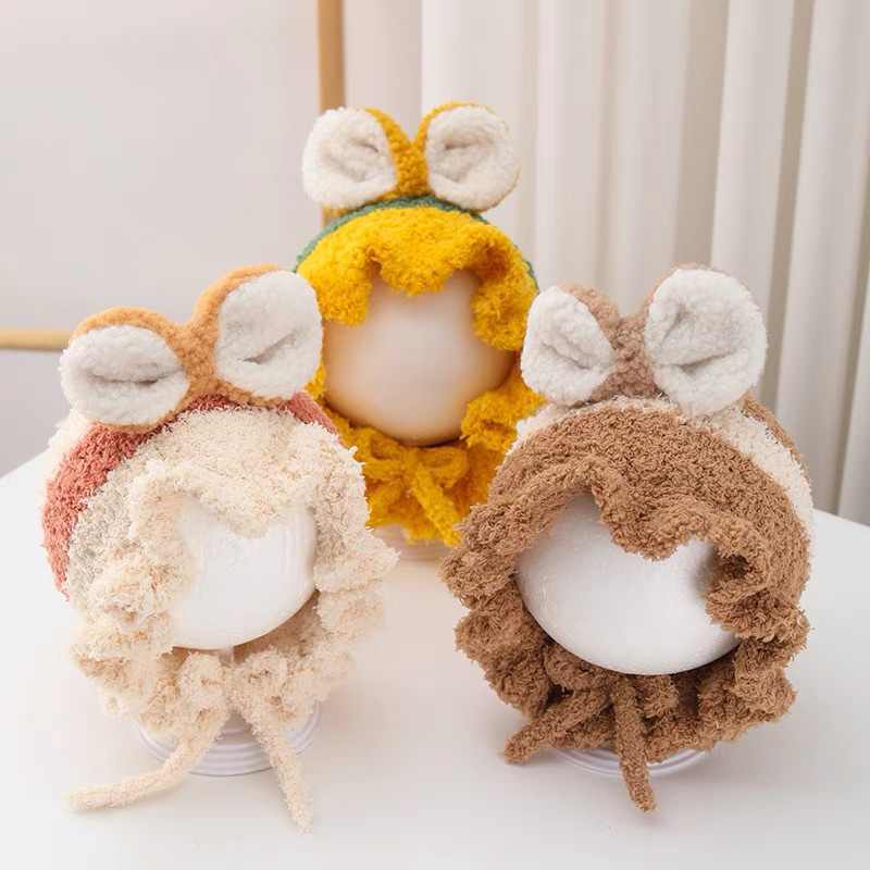 Mũ len trẻ con 2 nơ vành bèo che ấm đầu và 2 tai cho bé