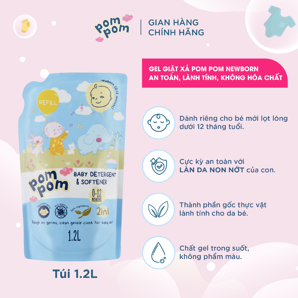 Nước Giặt Xả Cho Bé Sơ Sinh 0-12 Tháng Pom Pom Newborn Sạch Sâu Nôn Trớ, Ọc Sữa, Khử Mùi Hôi Tanh