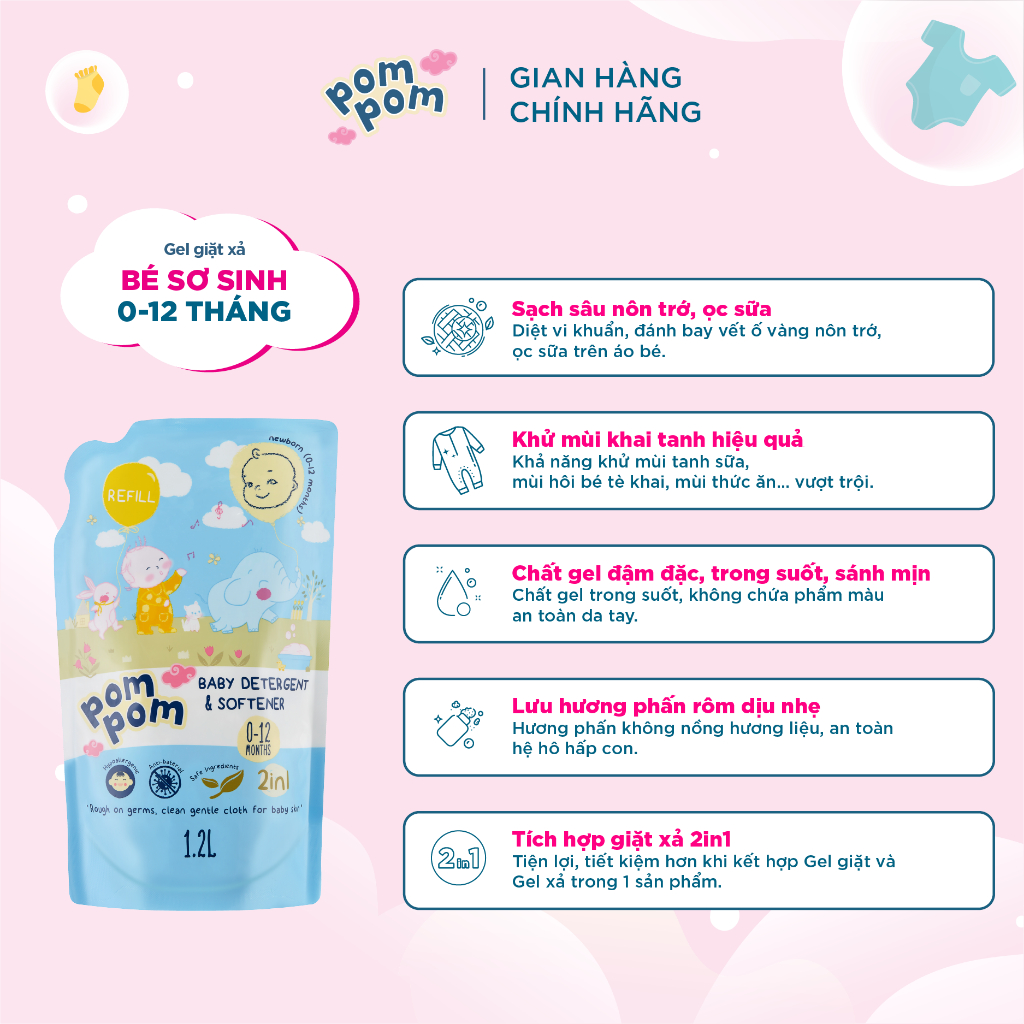 Nước Giặt Xả Cho Bé Sơ Sinh 0-12 Tháng Pom Pom Newborn Sạch Sâu Nôn Trớ, Ọc Sữa, Khử Mùi Hôi Tanh