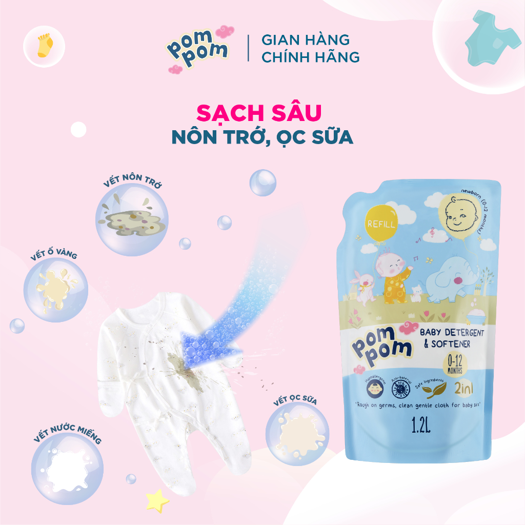 Nước Giặt Xả Cho Bé Sơ Sinh 0-12 Tháng Pom Pom Newborn Sạch Sâu Nôn Trớ, Ọc Sữa, Khử Mùi Hôi Tanh